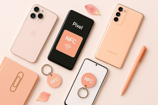 phone and NFC tag on the table apple phone samsung and pixel