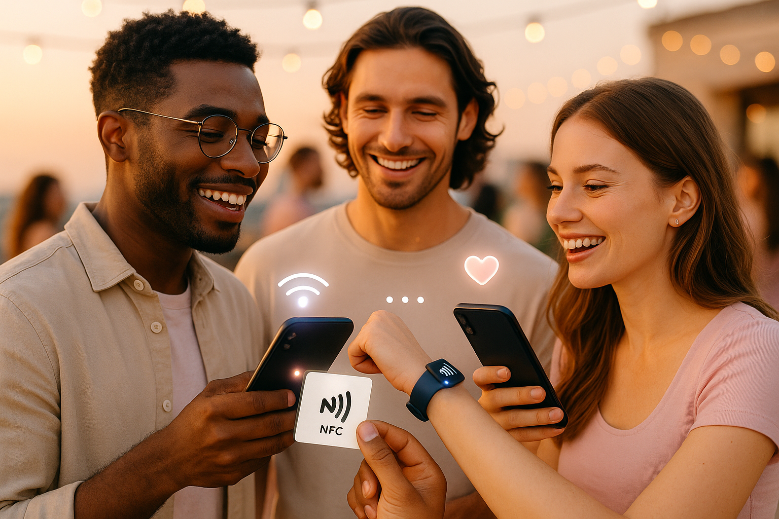 three people on their phone connecting with NFC tags